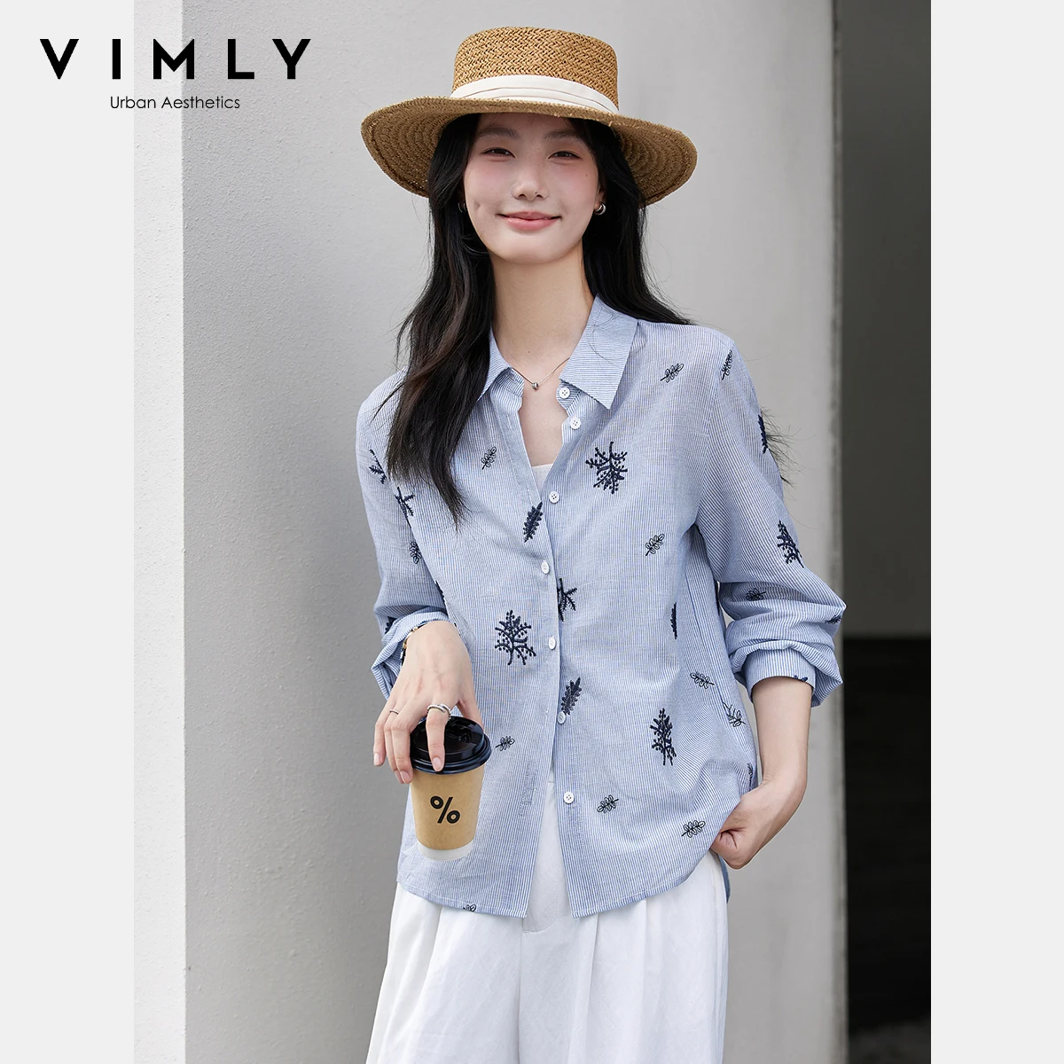 

VIMLY Women's Blue Embroidery Shirt Casual 2025 Fall Clothes Striped Long Sleeve Polo Women Shirts Elegant Pure Cotton Top A3100