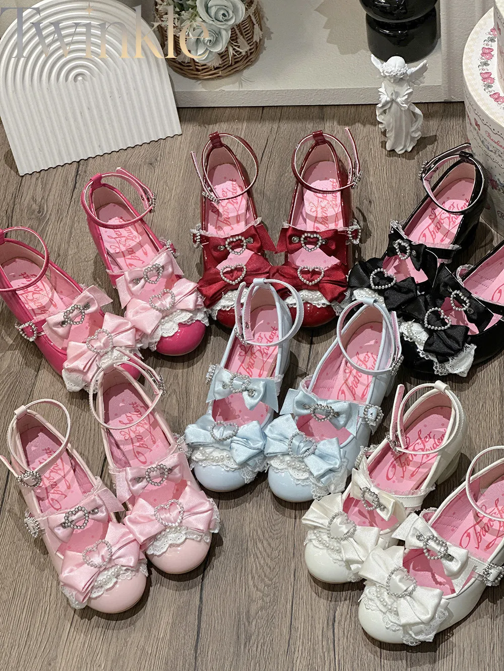 Women Mary Jane Shoes High Heels Pumps Lolita Sweet Japanese Heart Cutout High Heels Ankle Strap Vintage Kawaii Girl Footwear