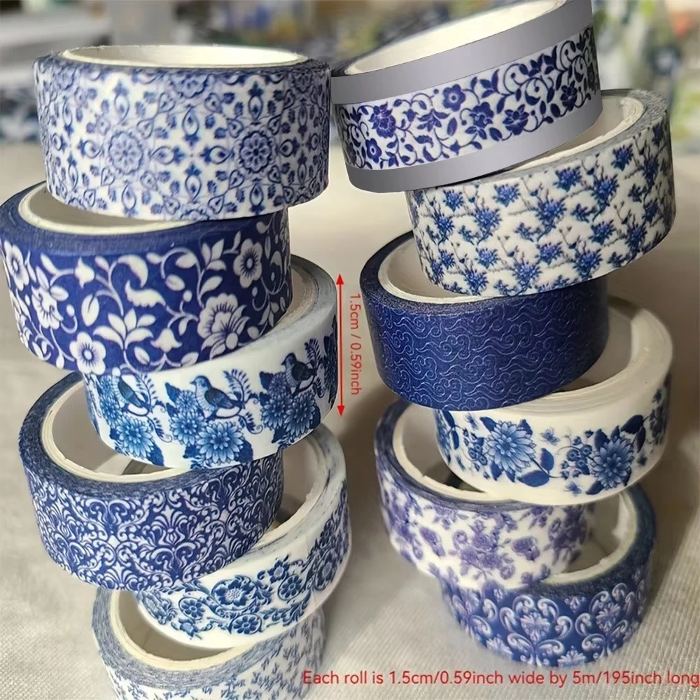 Blue & White Washi Tape Set; Pretty Chinoiserie Designs; 12 Rolls! Decorative Tape; Journaling, Scrapbooking