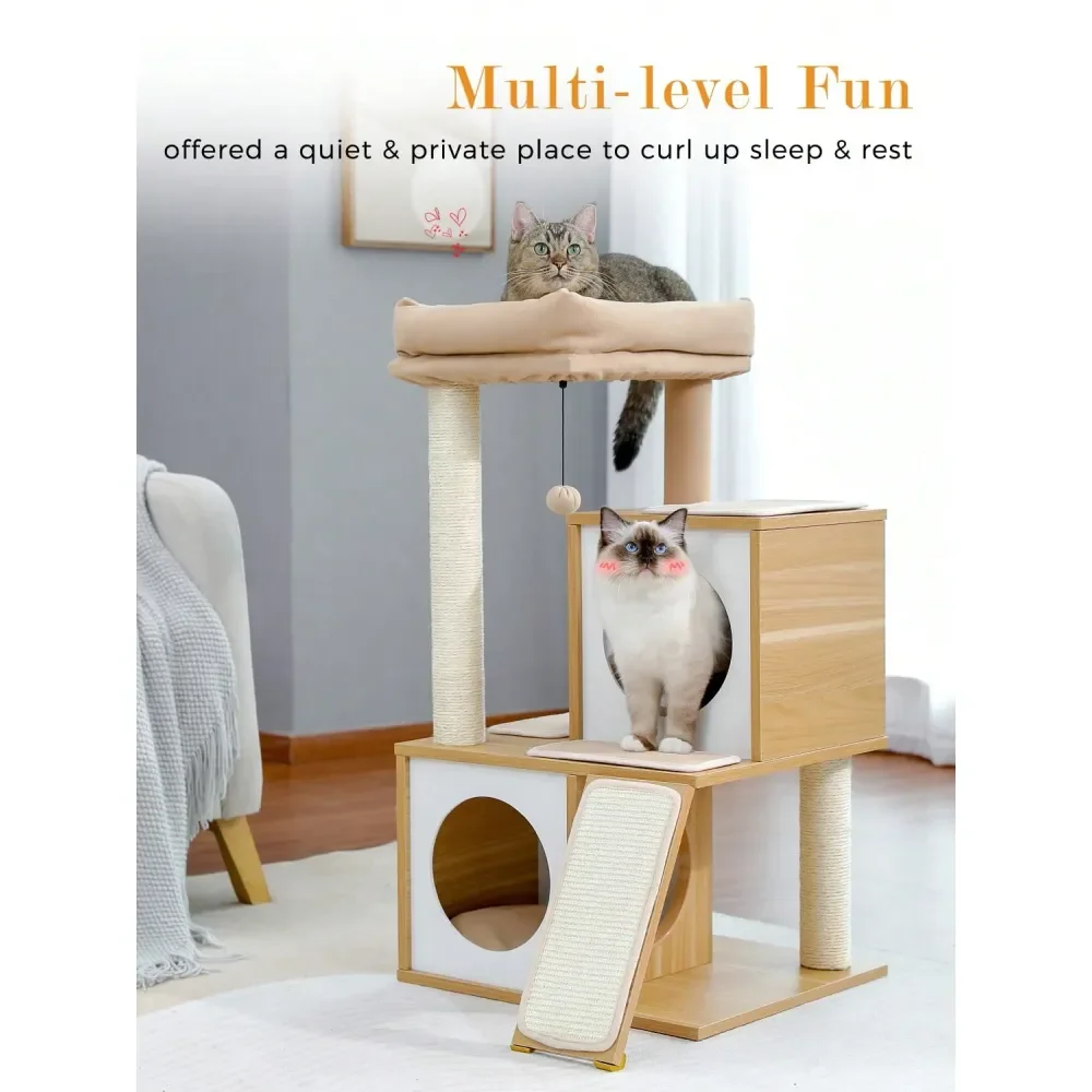 

35 Inches Cat Tree Wooden Cat Tower With Double Condos, Spacious Perch, Fully Wrapped ching Sisal Posts And Replaceable Da
