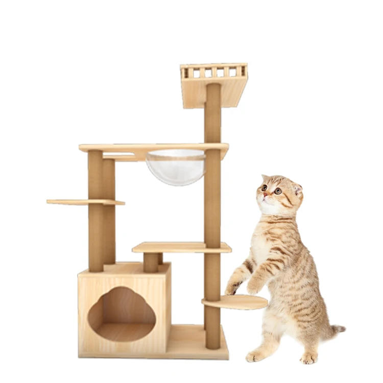 Fashion Luxury Pine Wood Floor To Safe Pet Cat Tree Solid Climbing Scratch Pet Scratcher Wood Condo Furniture Tower Cat Trees