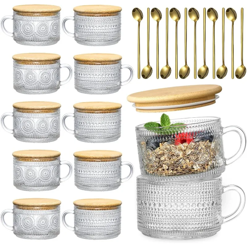 

12pcs Set Irish Coffee Glasses, Vintage Coffee Mugs, Overnight Oats Containers with Bamboo Lids and Spoons - 14oz Clear