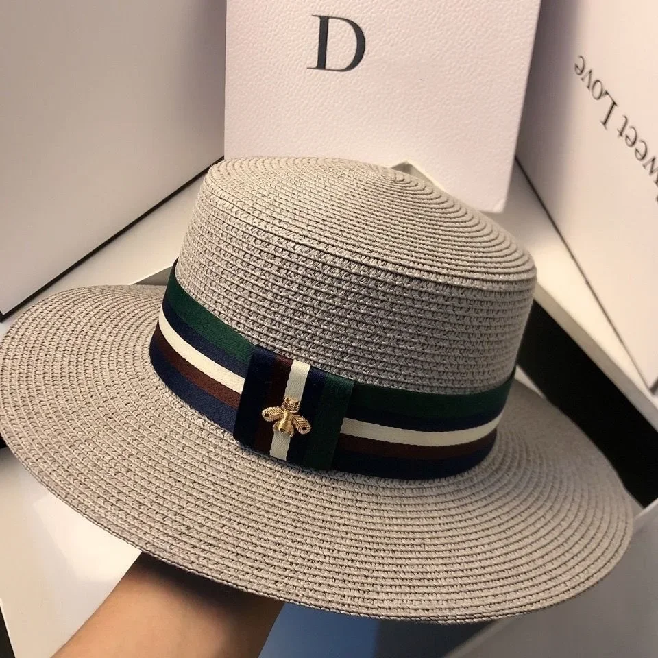 قبعة نسائية صيفية واسعة الحواف من القش، متعددة الألوان، مخططة على شكل نحلة، عصرية للسفر في الهواء الطلق، حماية من الشمس