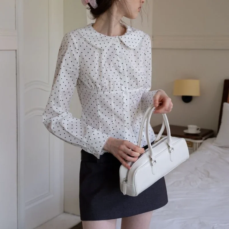 

Elegant Polka Dot Blouses Women Sweet Y2k Peter Pan Collar Crop Tops French Style Vintage Slim Up Long Sleeve Shirts