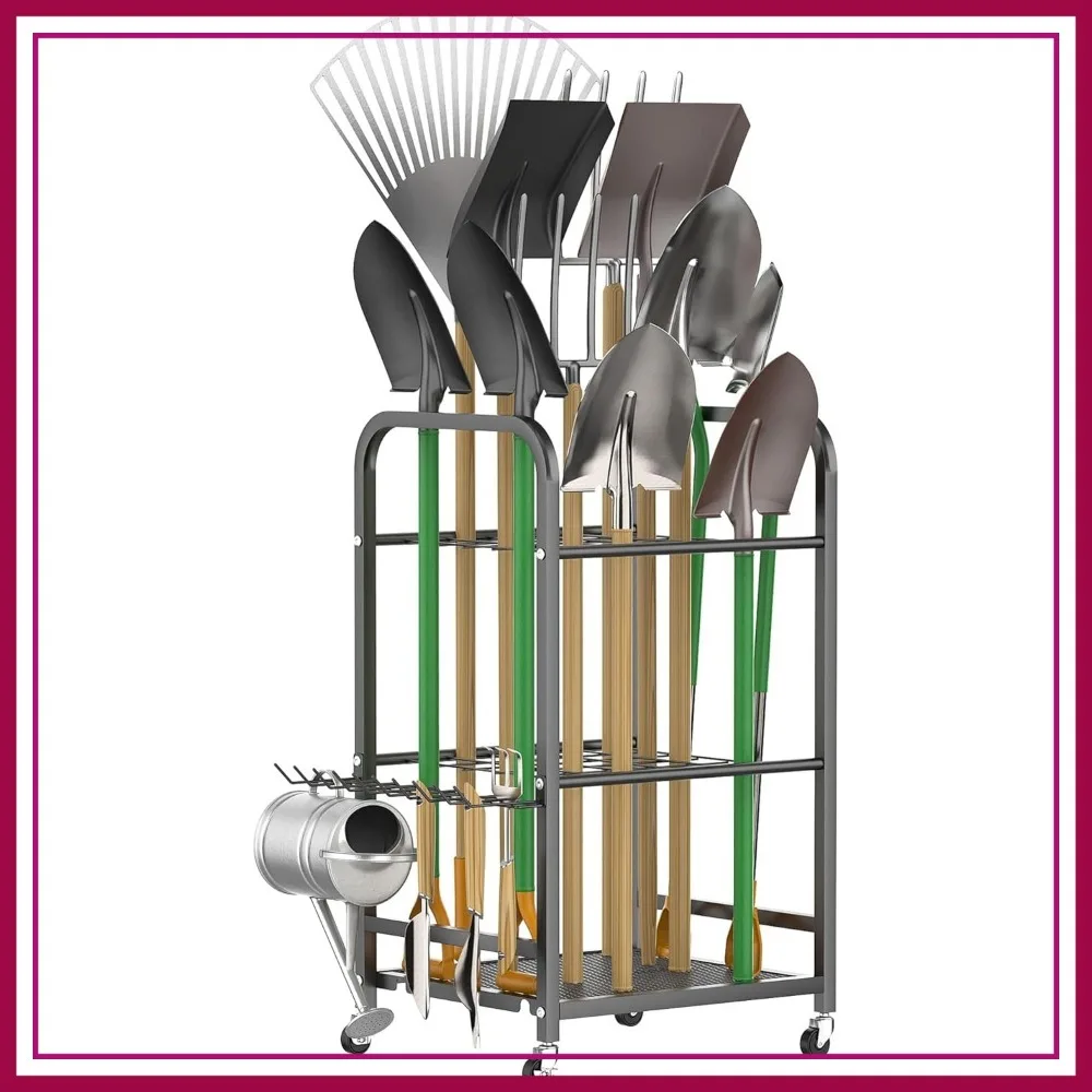 

Garden Tool Organizer with Wheels for Garage, Rakes/Shovels/Yard Tools Stand, Indoor/Outdoor Long-Handled Tools Rolling Cart