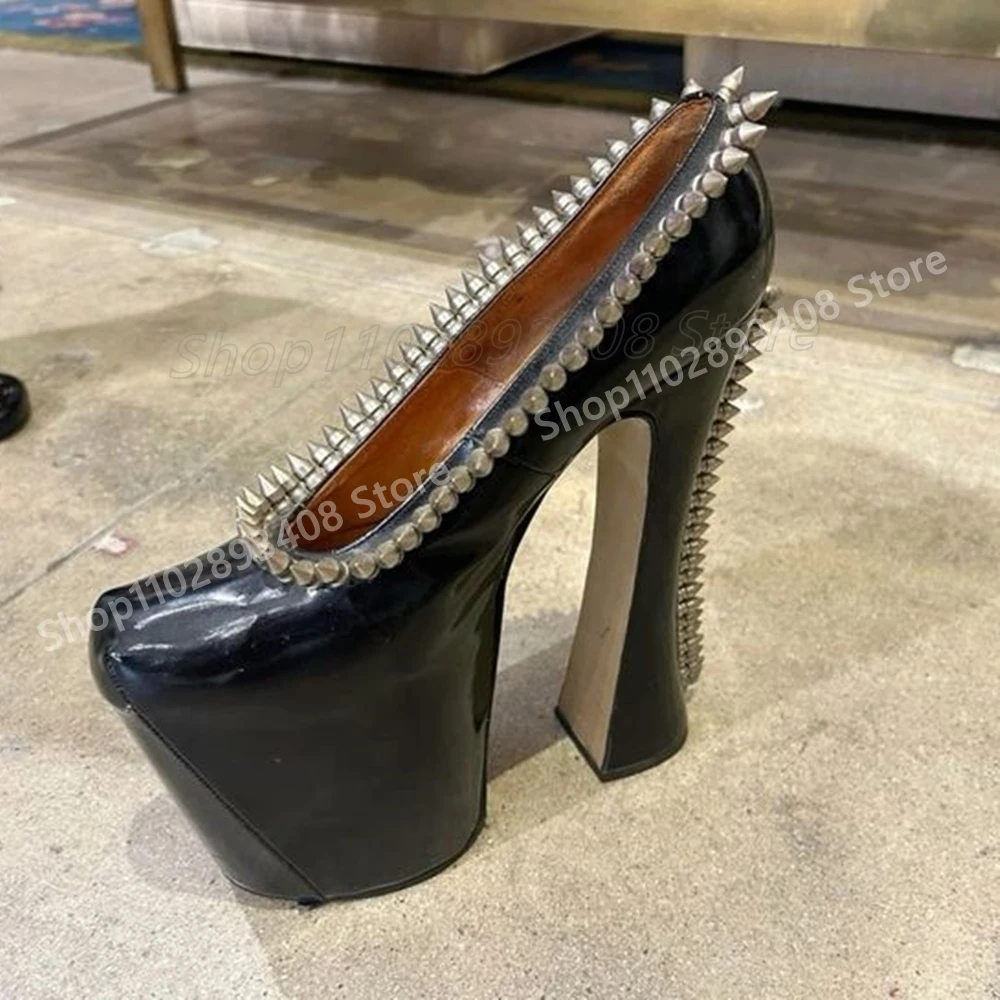 Metal Round Rivets Design Elegant Shallow Pumps Chunky High Heel Shiny Fashion Sexy Women Shoes 2025 Spring Zapatos Para Mujere