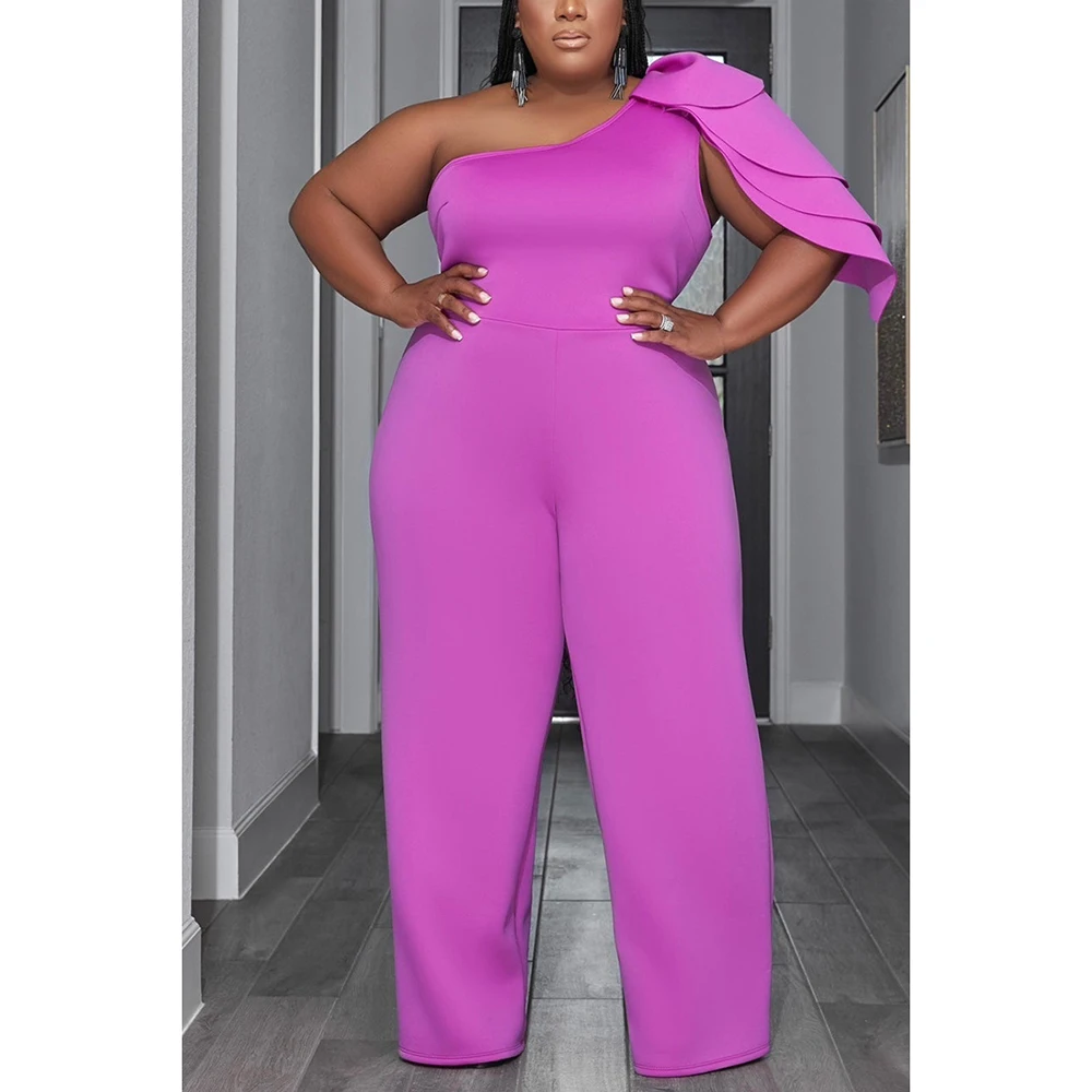 Plus Size Business Casual Jumpsuits Purple Festival One-Shoulder Layers One-Piece Female Clothing