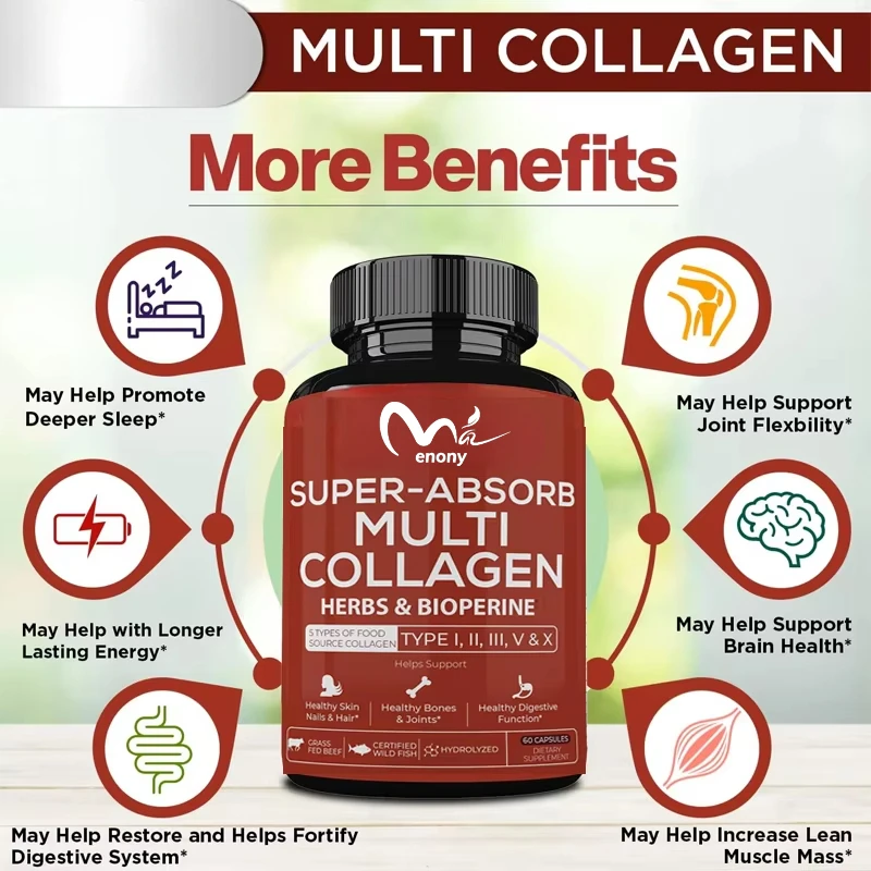 

Multi Collagen Pill (Type I II III V X) Organic Herbal and Pepper Extract - Anti Aging, Hair, Skin, Nail, Joint (60 capsules)