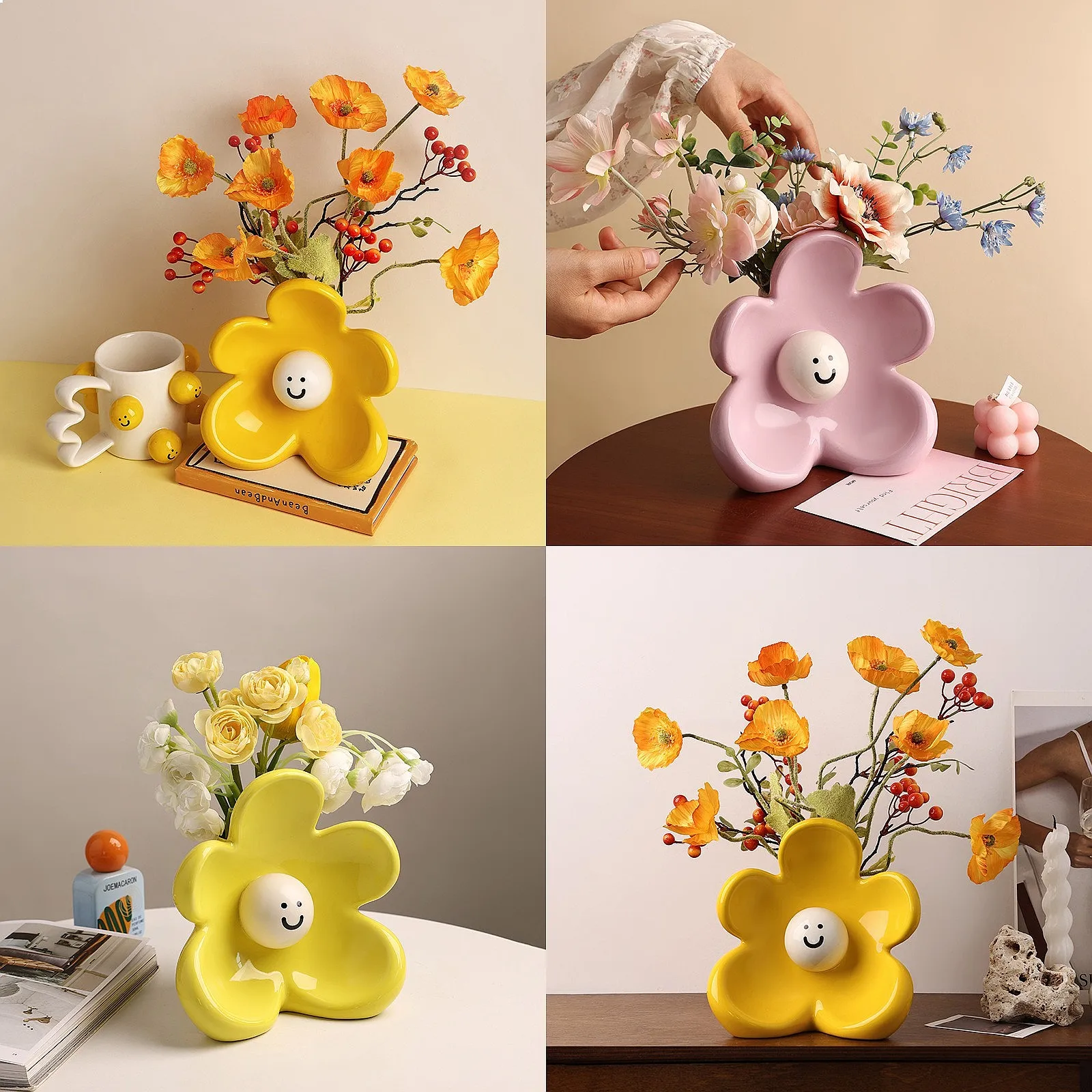 Cute Smiley Ceramic Vase for Living Room Entryway Home Decor - High-End Unique Tabletop Ornament