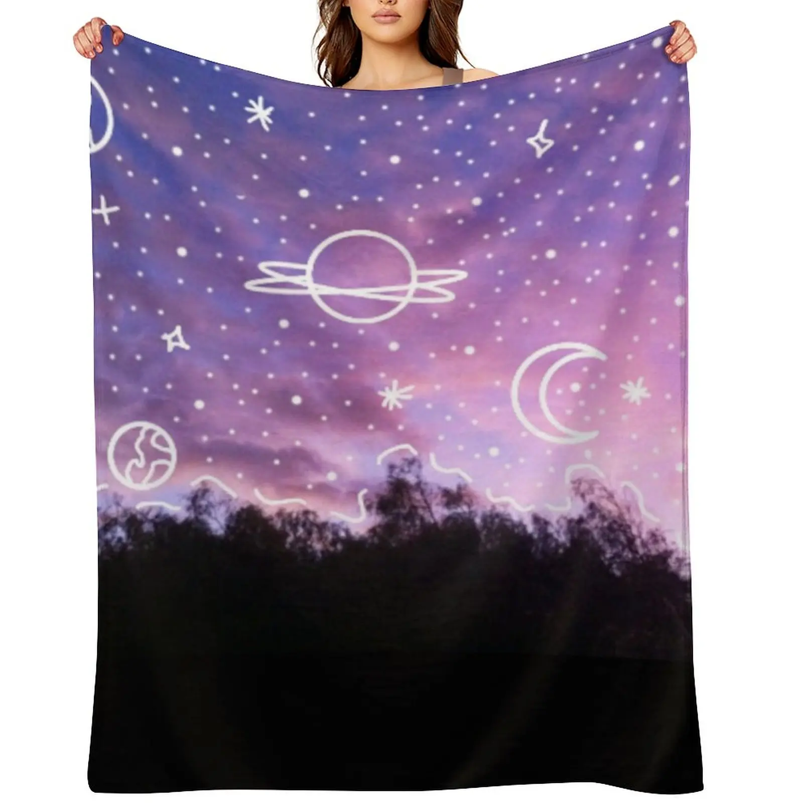 

Aesthetic Tumblr Sunset Galaxy Doodle Throw Blanket Flannel Fabric Polar Sleeping Bag for winter Blankets