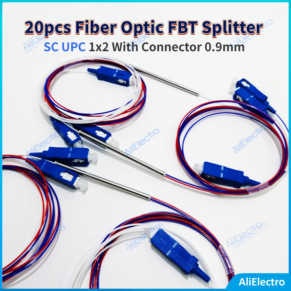 20pcs Fiber Optic FBT Splitter SC UPC 1x2 With Connector 0.9mm Unbalanced Coupler Optional Split Ratio 10/90 45/55 20/80