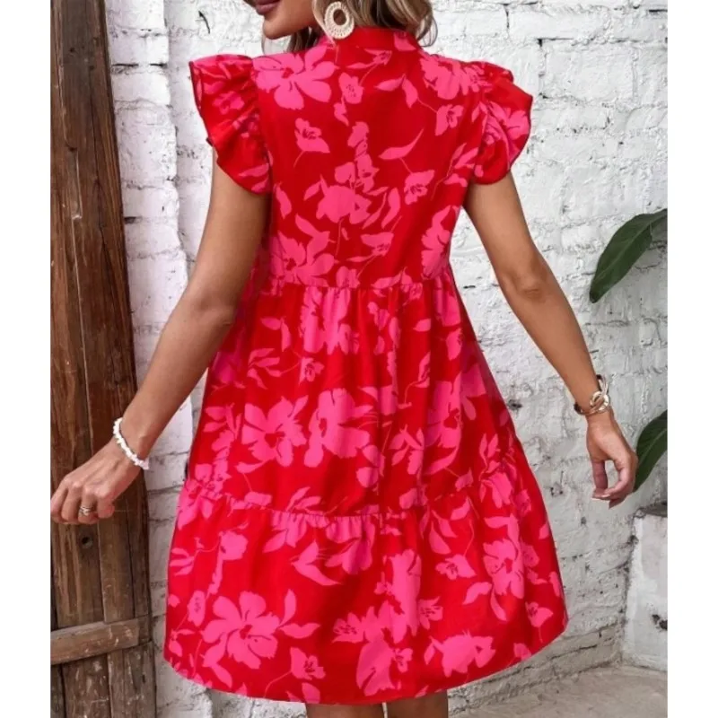 Fresh and Sweet Women's Flower Dress 2024 Summer New Lotus Leaf Sleeves V-Neck Loose High Waist Casual Fashion Printed Dress