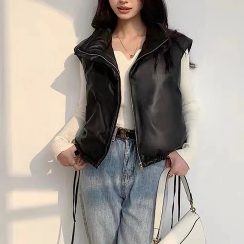 Leather Down Vest For Women 2023 Winter korean Fashion Sleeveless Genuine Leather Doudoune Femme Trendy Short  White Tank Top