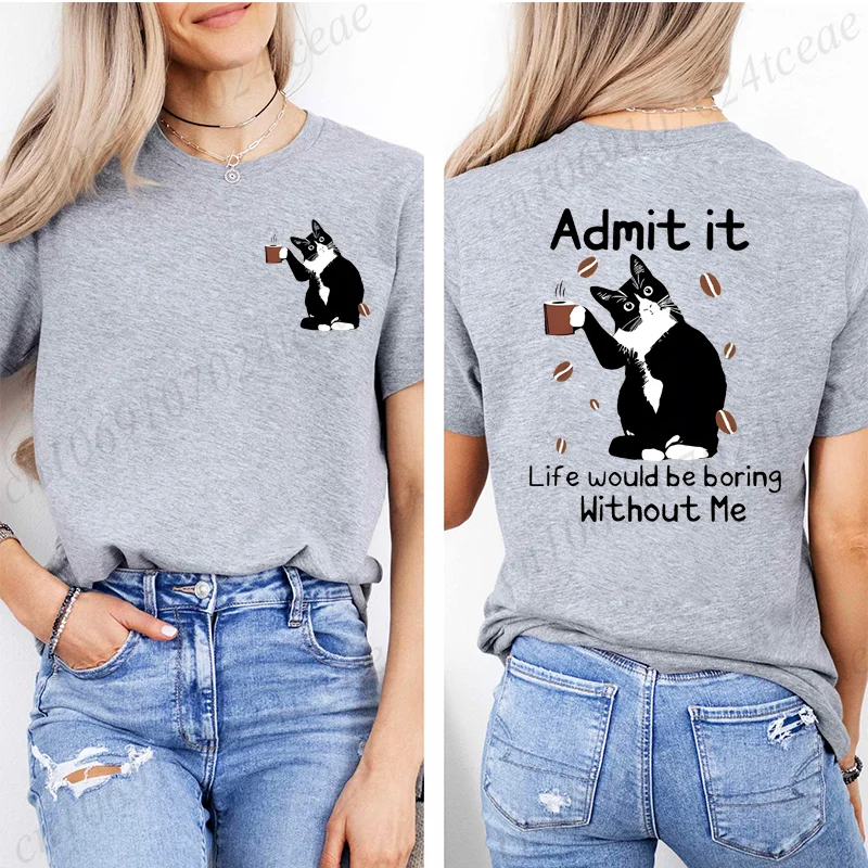 القط شرب القهوة المطبوعة تي شيرت المرأة الصيف عادية تي شيرت ملابس فضفاضة القط الأسود طباعة تي شيرتات قصيرة الاكمام #2