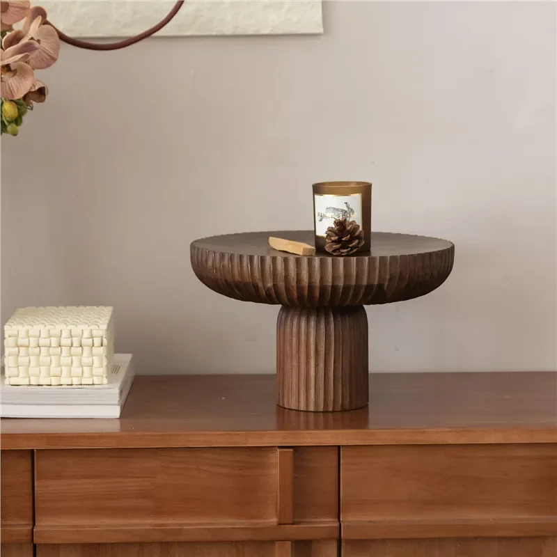 Natural Mango Wood Round Fruit Plate Vertical Pattern Tall Serving Tray Solid Wood Storage Bowl for Home Kitchen Decor Art