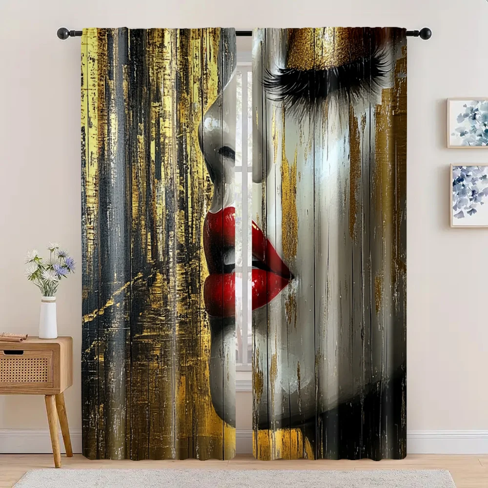 

2 шт., весенне-летние шторы для лица reflexes_ красные губы и черные ресницы женщин в городских пейзажах Полупрозрачные шторы