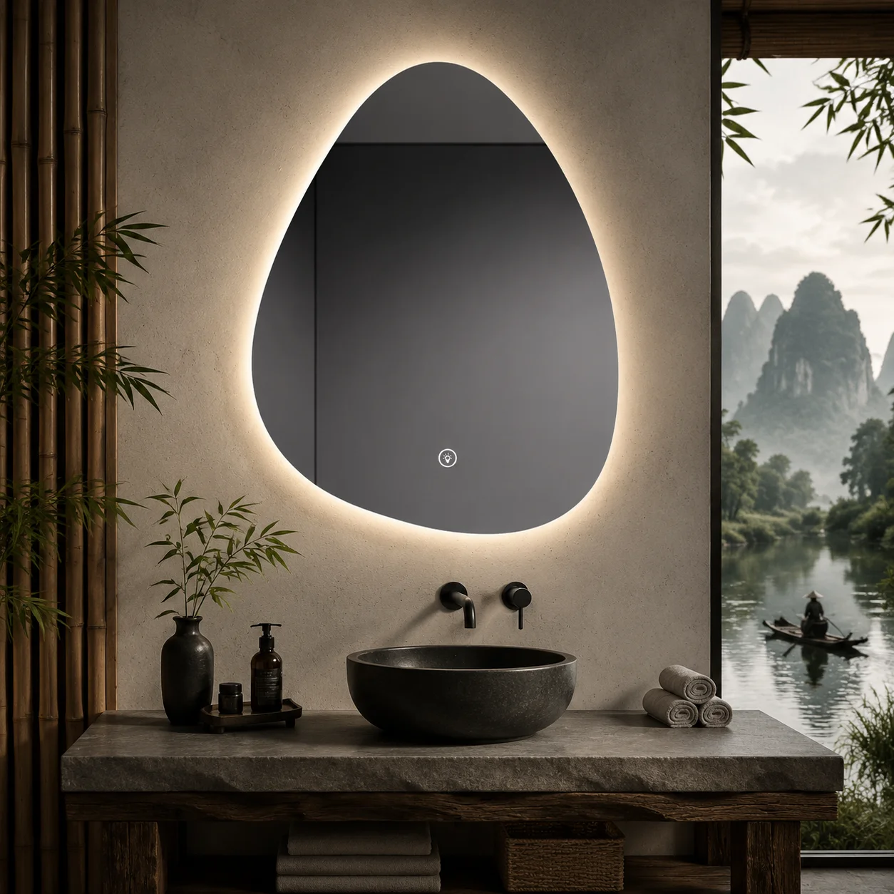 Irregular Shape Smart LED Bathroom Mirror, 3 Color Light Anti-Fog Touch Screen Time Temperature Display Wall Mounted Vanity