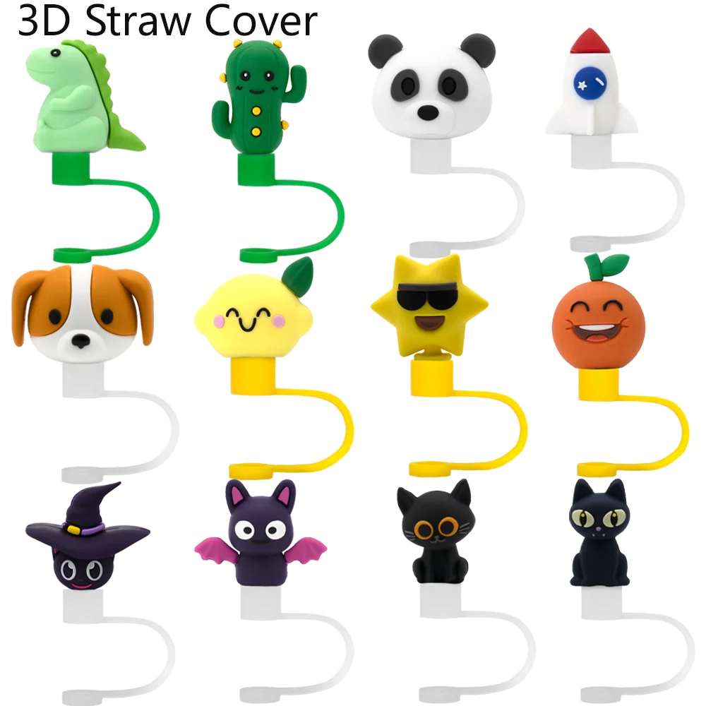 30オンスと40オンスのカップ用の3Dドッグストローカバー、防塵ストロートッパー、かわいいクリエイティブな飲用蓋、パンダストローキャップチャーム、1 12個