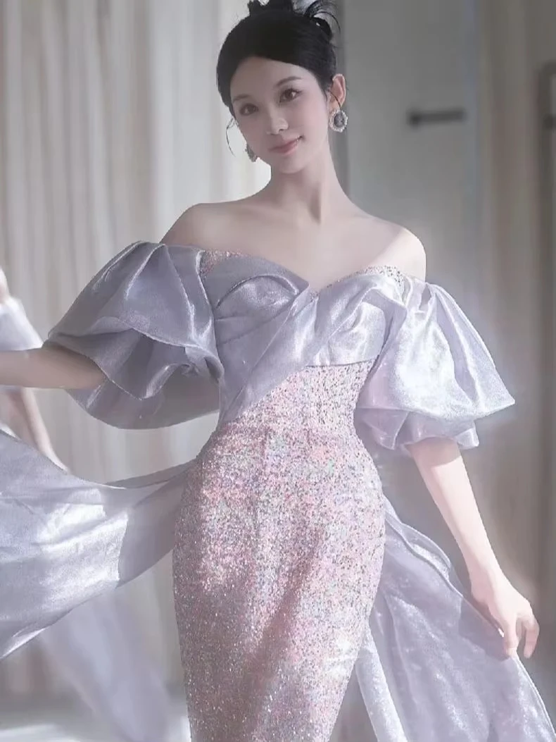 

Gorgeous French Style Off Shoulder Sequins Fishtail Dress Formal Evening Dress Slim Fit Floor Length Banquet Party Gowns
