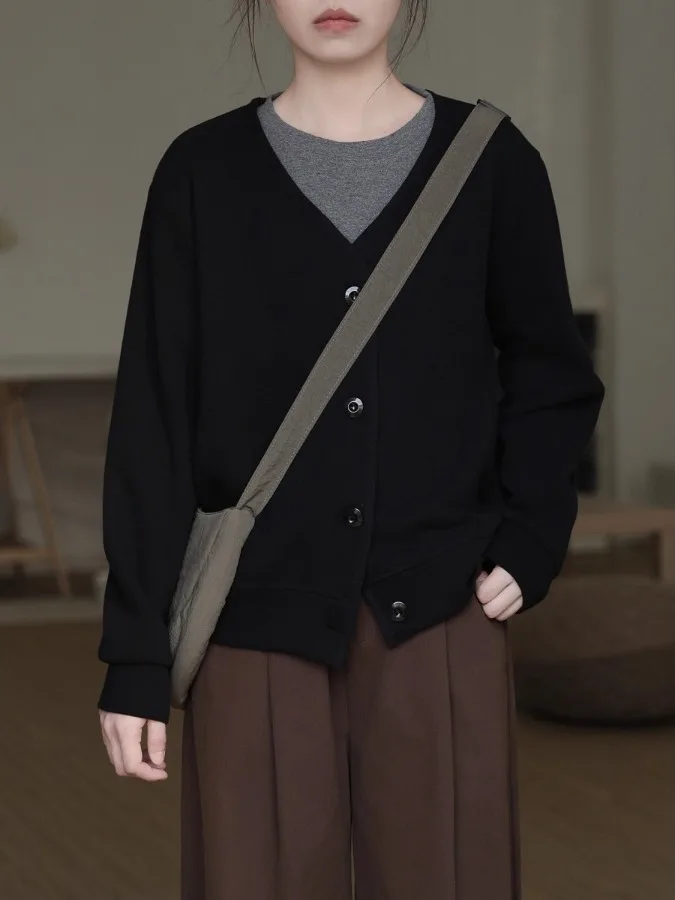 홍콩 스타일 버튼업 긴팔 스웨트셔츠 여성용 봄 가을 얇은 한국식 루즈 슬림 V넥 아우터웨어 탑