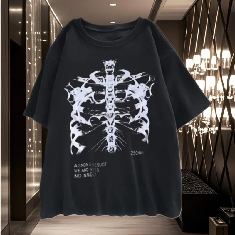 

Funny Female T-shirt Women Oversized Dark Skull Bones Heart and Lung Print Short Sleeve Streetwear Harajuku Tops Woman Clothes