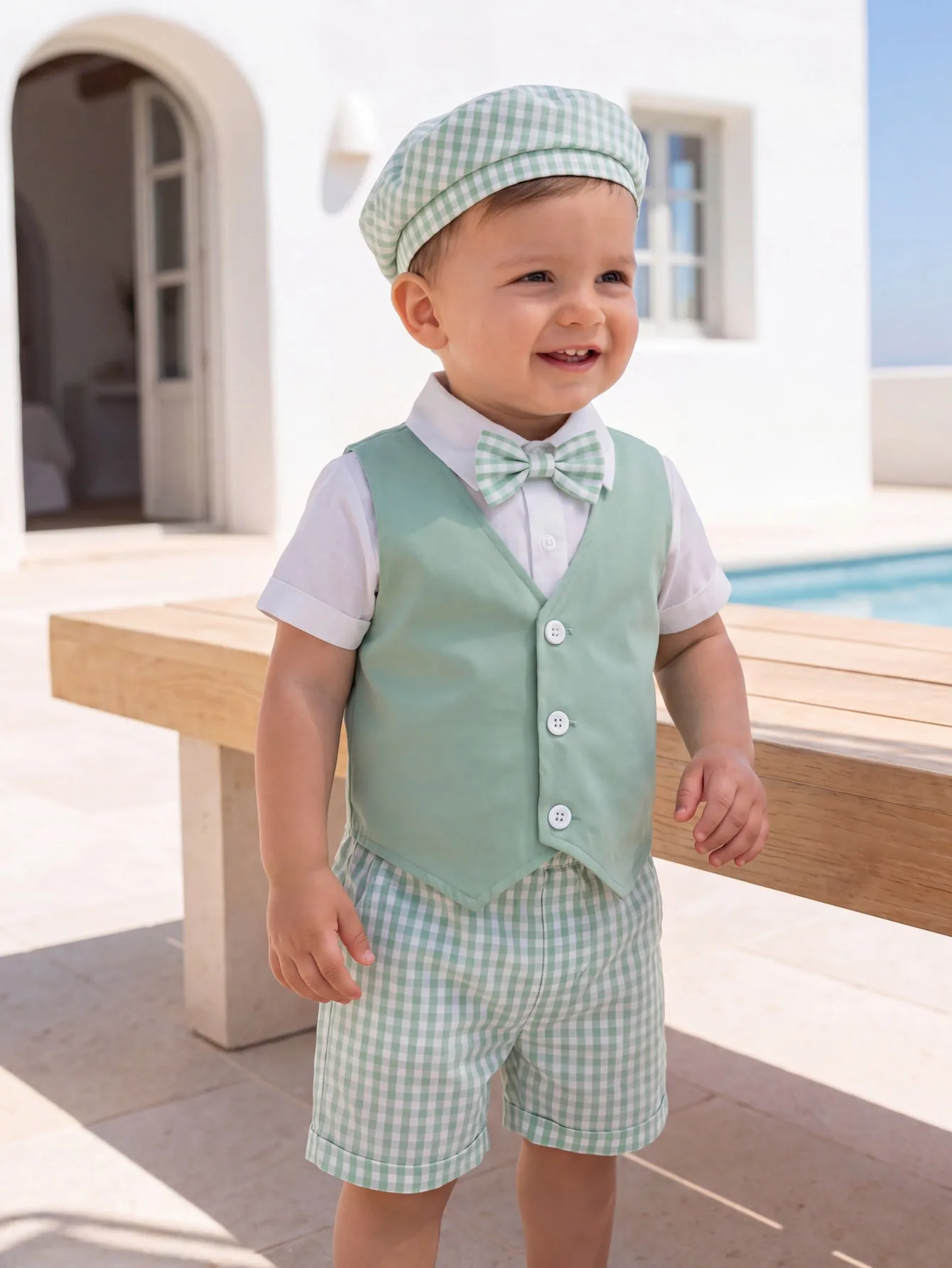 Light Green Plaid Baby Boy Formal 3PCS Outfit, Vest Bow Tie Hat Shorts, Ideal For Birthday & Party Wear