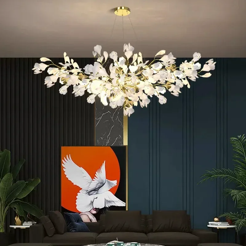 Lampadario di lusso con foglie di ginkgo Lampadari da soffitto per grandi hall dell'hotel Villa soggiorno sala da pranzo Lampada a sospensione per decorazioni per la casa con foglie creative