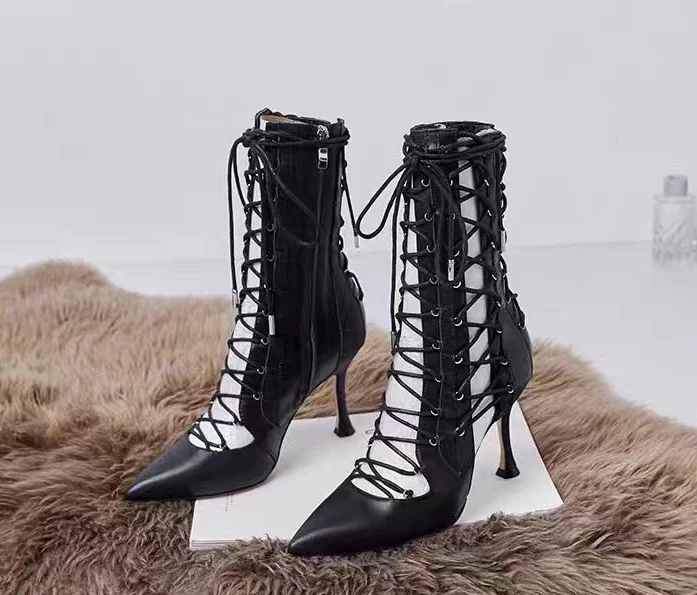 Sestito Women Sexy Black Pointed Toe Boots Female Cross-Tied High Heels Ankle Boots Girls Hollow Lace-up Dress Solid Shoes