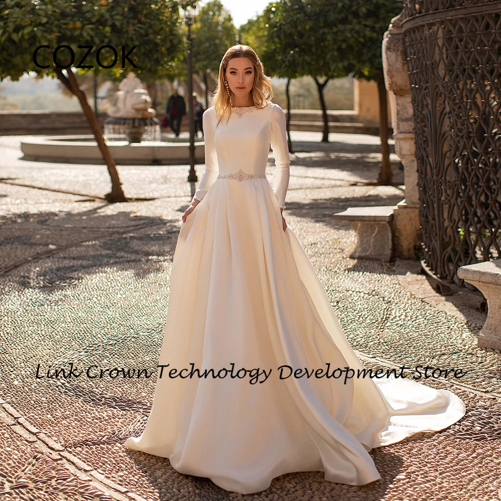 COZOK Luxury Satin Wedding Dresses with Crystal 2024 Summer Full Sleeve Bridal Gowns for Princess New Sweep Train Vestidos De