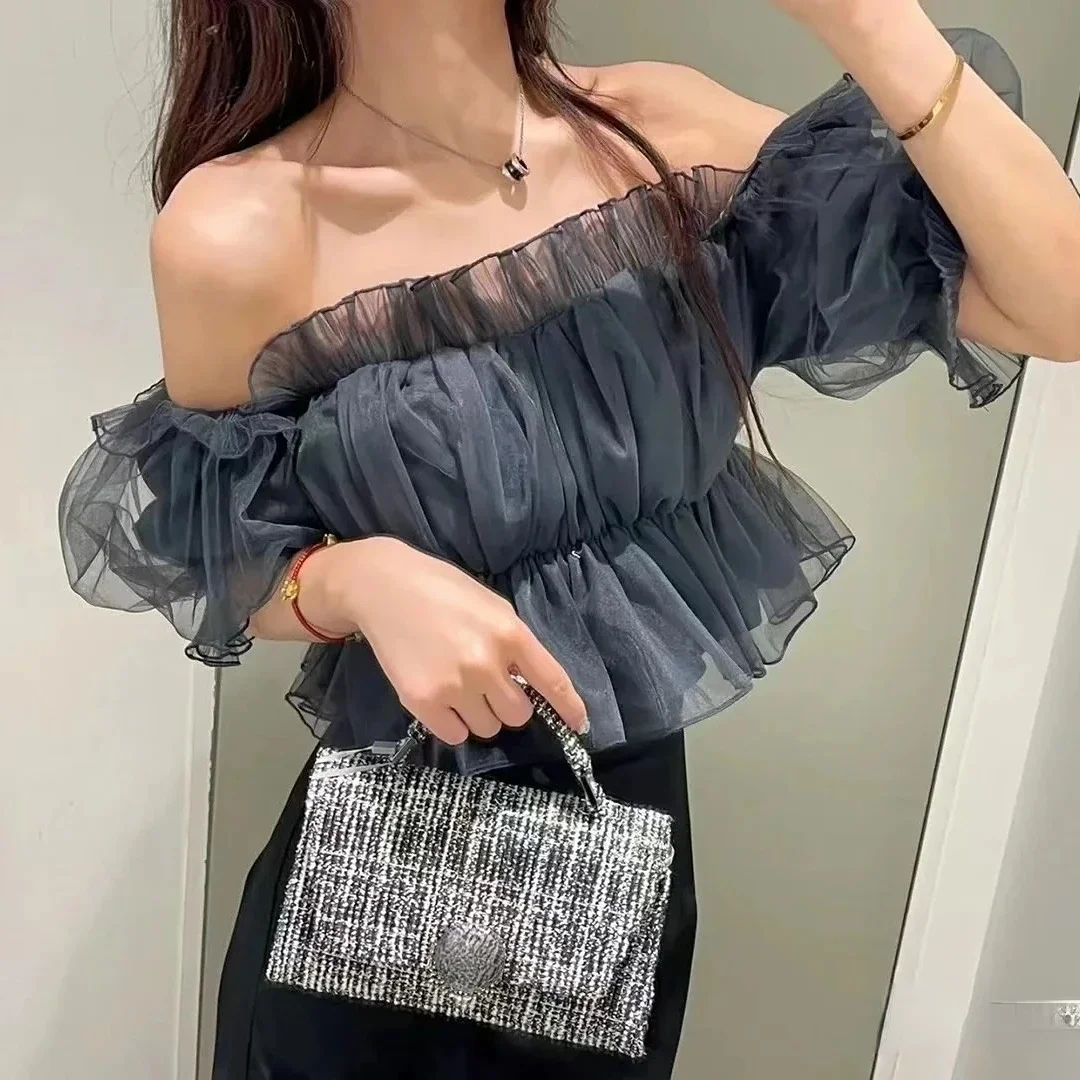 Kuzuwata Japanse Chiffon Slash Hals Blouse Vrouwen Ruche Off Schouder Sexy Shirts 2024 Korte Verse Effen Kleur Blusas De Mujer