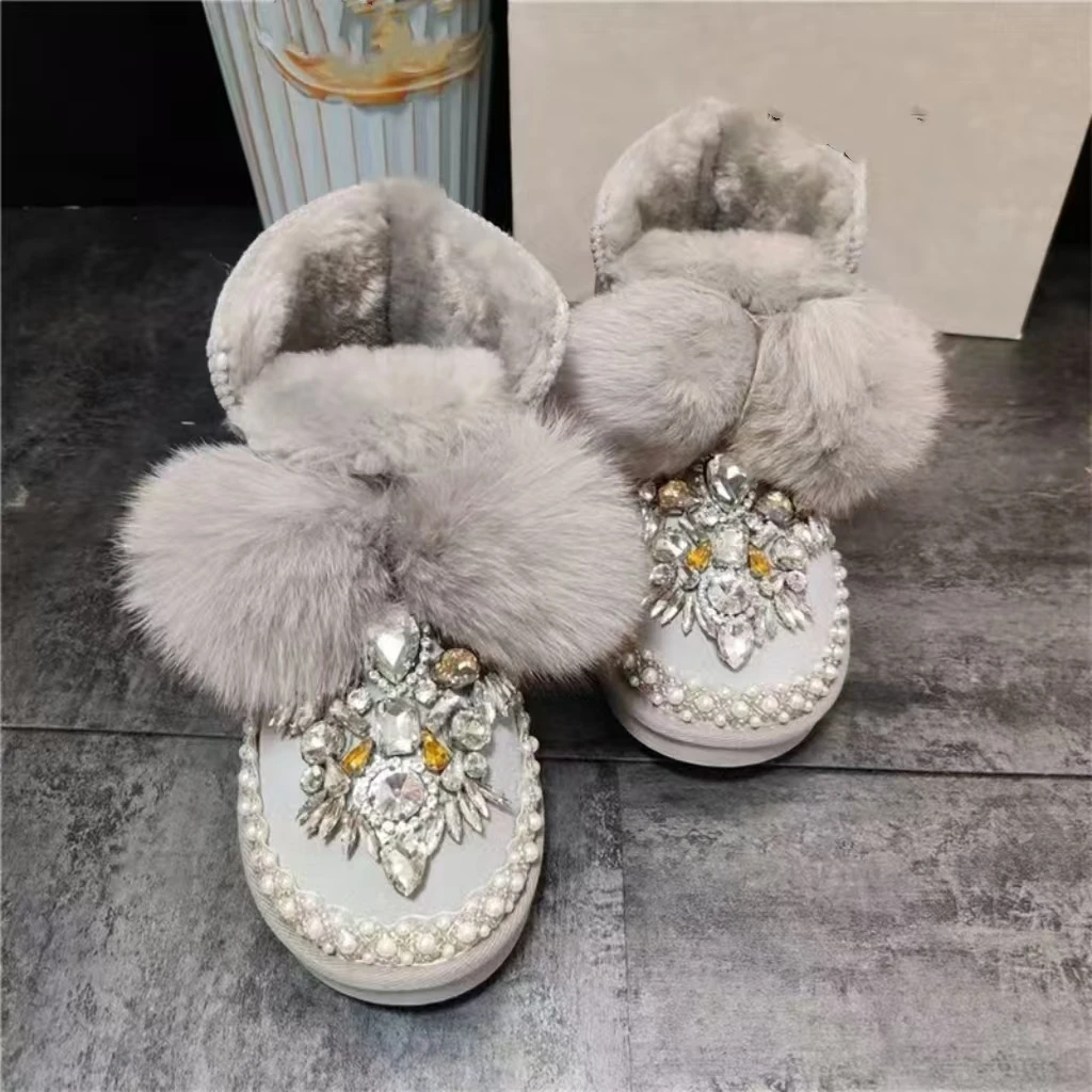 Oversized Fox Hairball Crystal Pearl Jewel Accessories Fur one Snow boots handmade custom lace women's cotton shoes 35-40