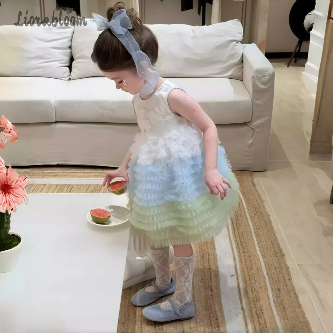 Girls' Multicolor Tulle Gown Embroidered Flower Girl Dress Wavy Hem Design Formal Party Dress Princess Gown Elegant Long Dress - view 2