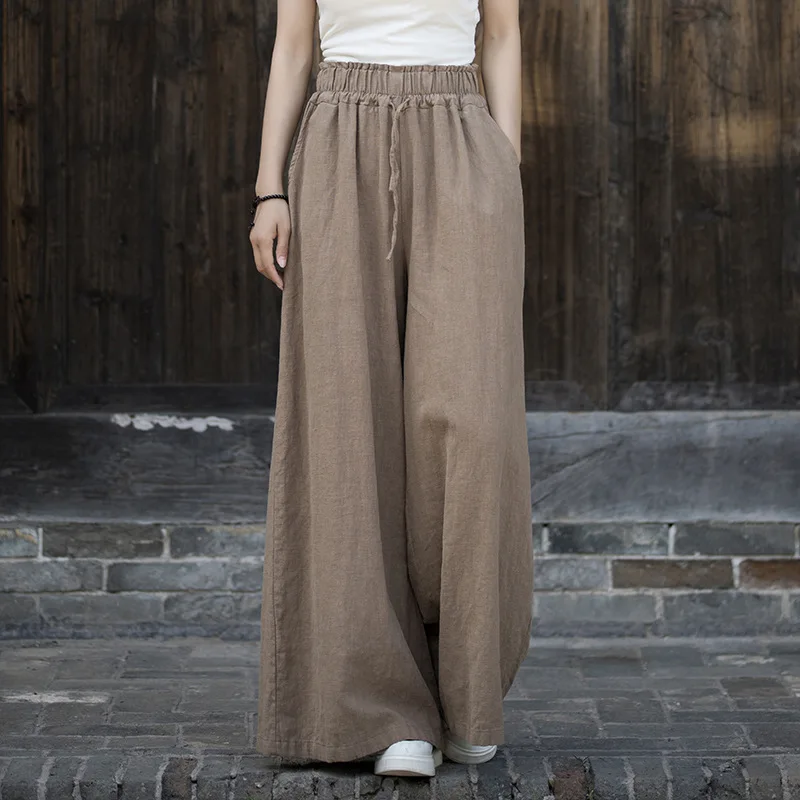 Winter New Original Latte Pattern Elastic Waist Ramie Wide-Leg Pants, Flowy & Flattering.