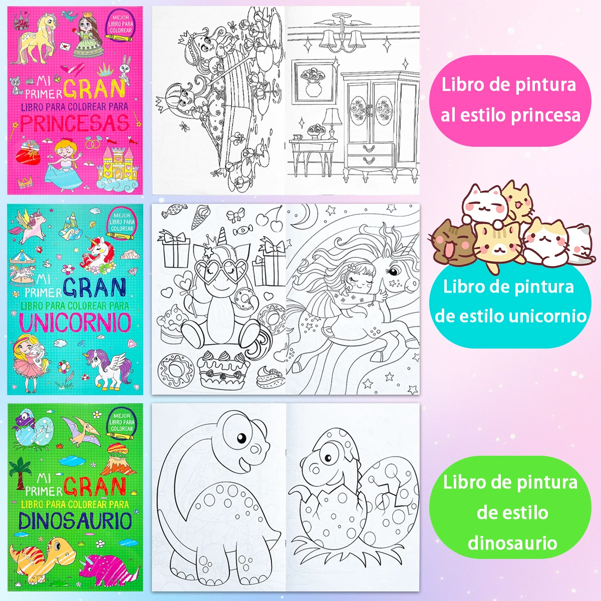 

2 Books Spanish Children's Coloring Book Set,Dinosaur,Unicorn,Princess Theme English Coloring Book, Children's Coloring Booklet