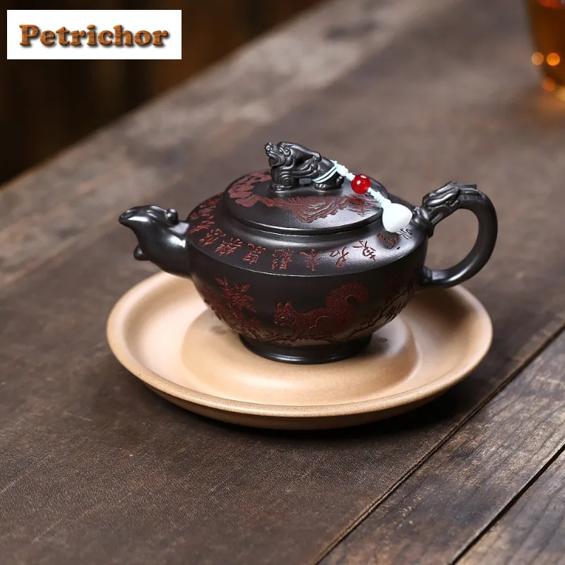 

260ml Boutique Yixing Purple Clay Teapots Handmade Auspicious Beast Squirrel Pot Raw Ore Stone Yellow Mud Kettle Zisha Tea Set
