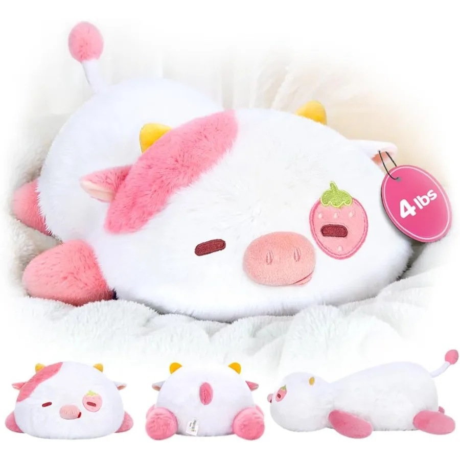 Gewichteter Erdbeerkuh-Plüsch, 4,0 Pfund, 58,3 cm, gewichtetes Stofftier für und Erwachsene, weiches rosa Kuhkissen zur Angstlinderung, Bi