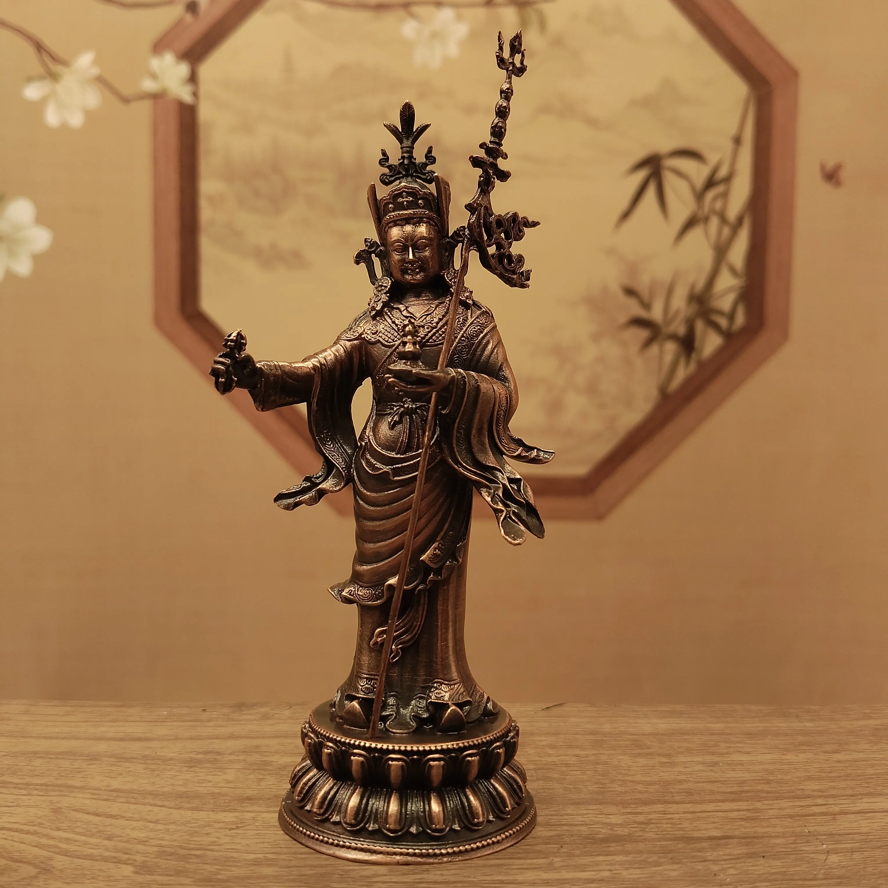 Nepal Craft Antique Copper Padmasambhava Guru Rinpoche Statue 10cm Home Altar Temple Blessing