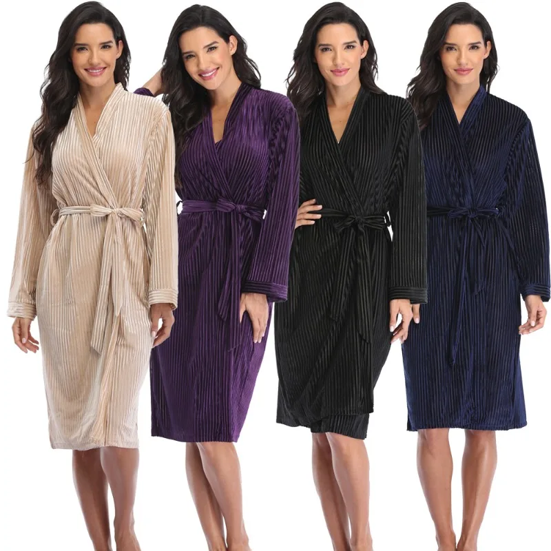 Women Autumn Winter Robes Long Sleeves Soft Casual Warm Housecoat Kimono Bathrobe for Ladies Fleece Nightgown Solid Color