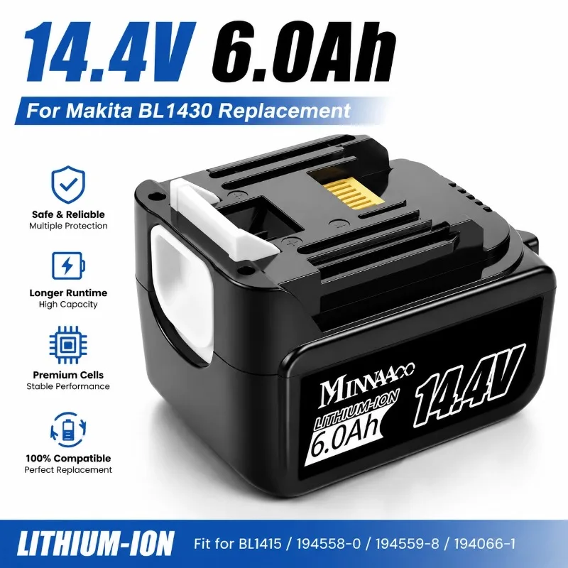 For Makita 14.4V 6.0Ah 5.0Ah Lithium-ion Rechargeable Battery Replacement BL1415 BL1430 BL1440 Cordless Power