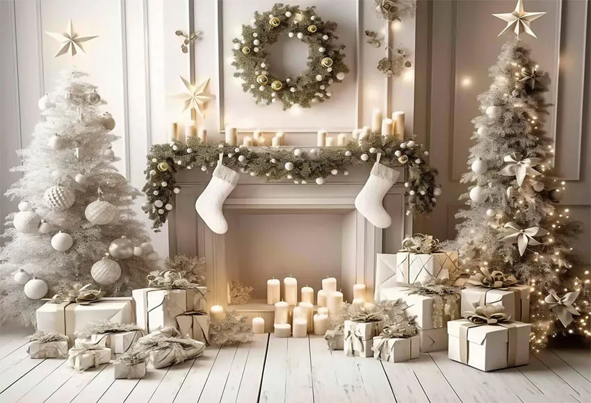 Mehofond ฉากหลังถ่ายรูป, พวงมาลัยเตาผิงสีขาวภาพเทศกาลครอบครัวภาพเหมือนต้นคริสต์มาสดาวของขวัญสำหรับตกแต่งพื้นหลังสตูดิโอถ่ายภาพ