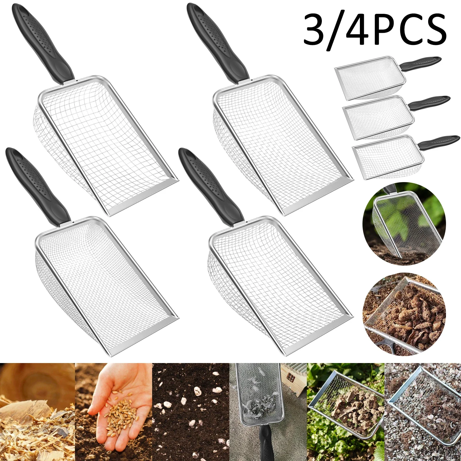 

Набор из 3/4 садовых сит для просеивания почвы, нержавеющая сталь, сито для песка, почвы, компоста с ручкой, высокоэффективное сито-лопатка для пересадки растений