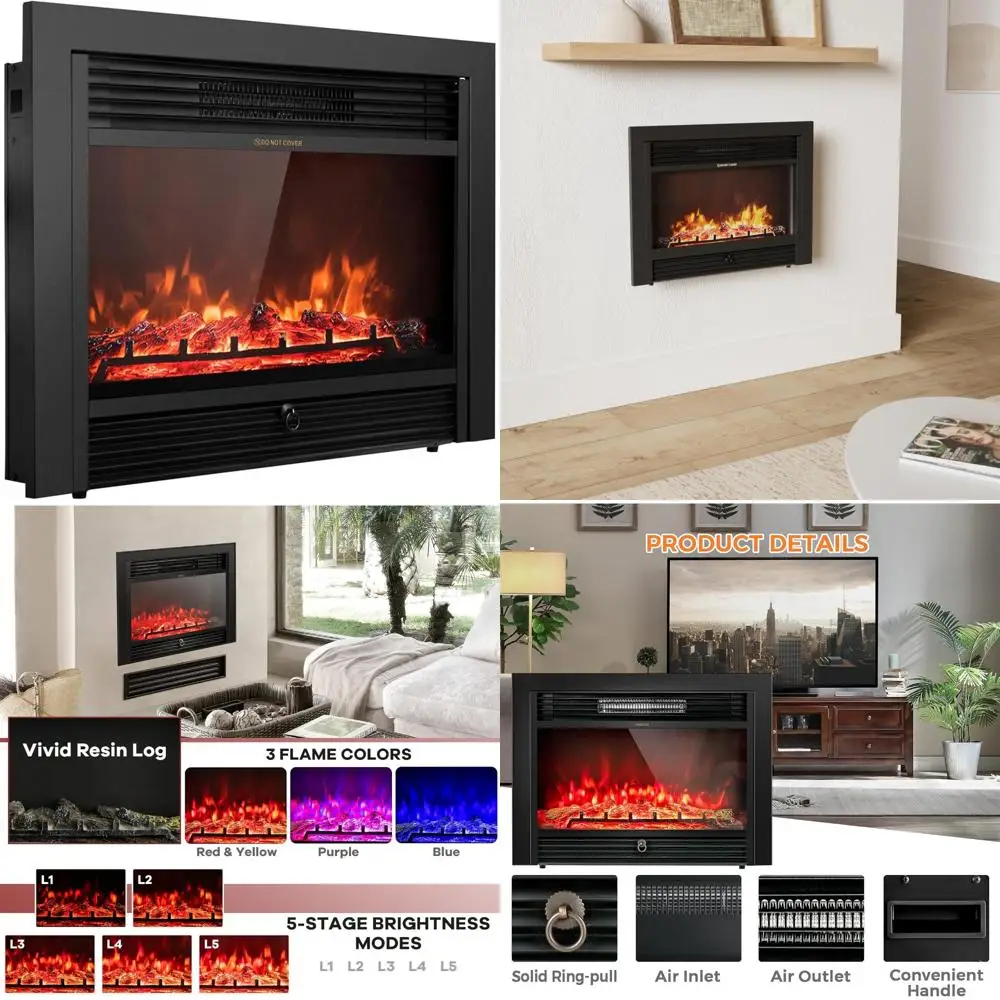 Inserto para chimenea eléctrica 28,5 empotrable/montaje en pared, llama ajustable de 3 colores, independiente con control remoto, H de larga duración