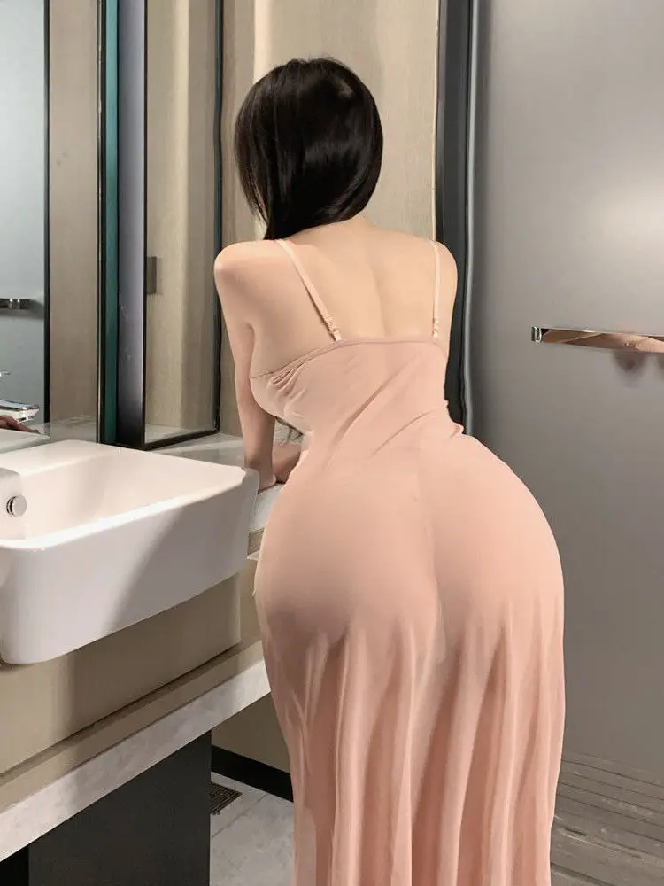 Estate stile classico erotico Sexy alta fessura maglia pizzo fascino maturo elegante vestito a metà polpaccio fionda donna tinta unita moda R34K