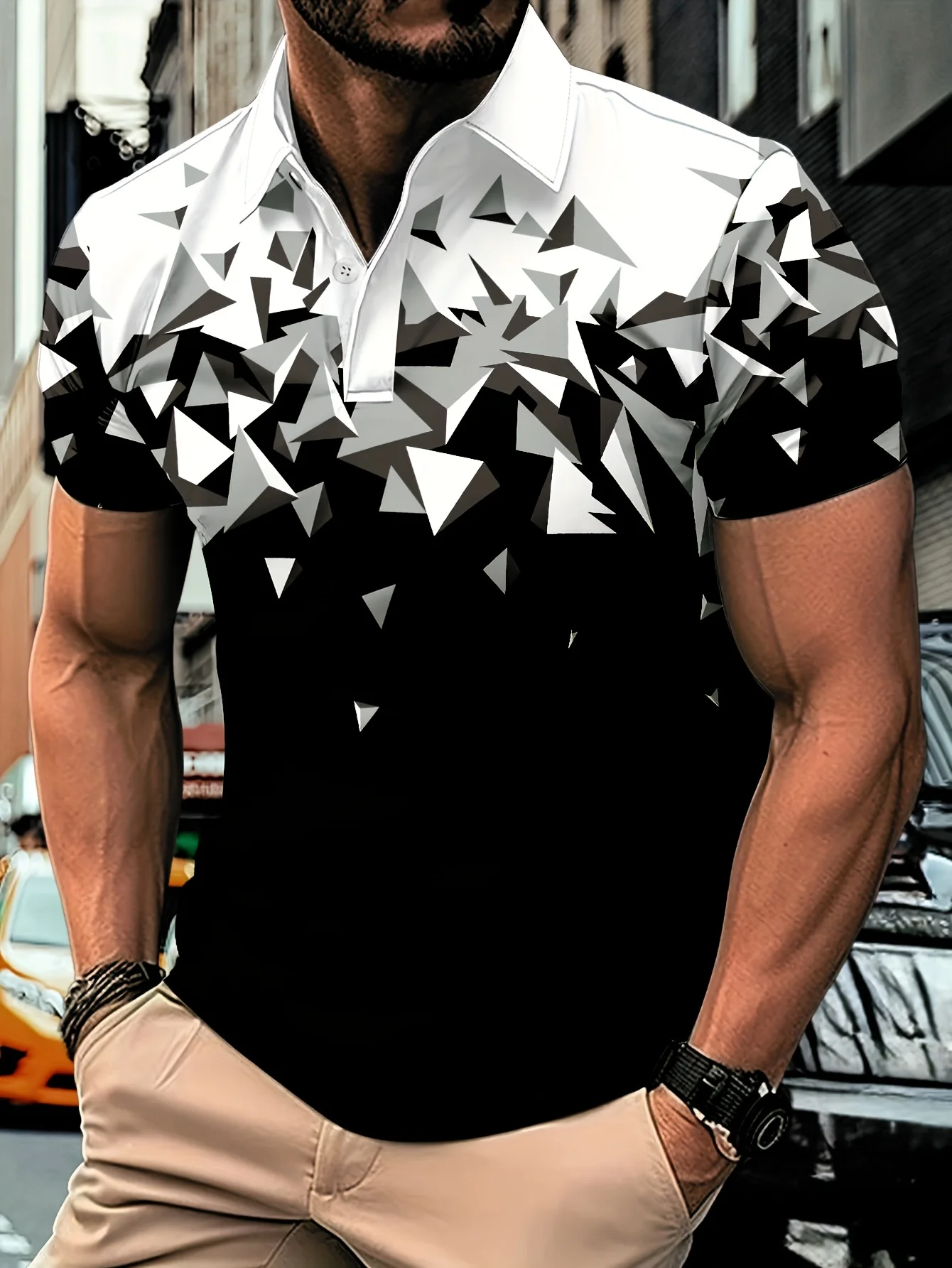 New men's short-sleeve polo shirt T-shirt, loose-fitting and tailored with printed patterns, versatile basic crew-neck top suita