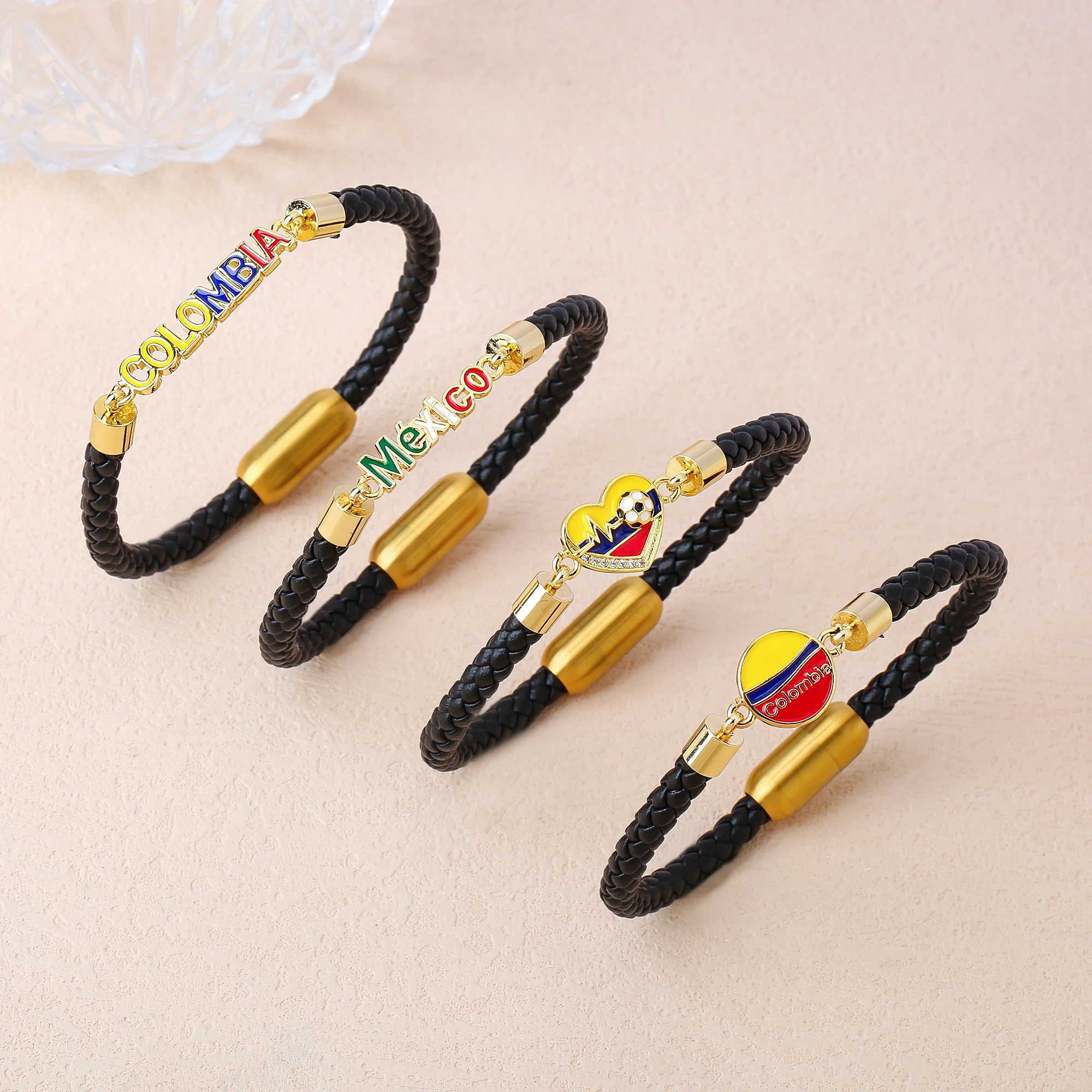 Braided Leather Colombia Mexico National Enamel Flag Stainless Steel Magnetic Clasp Bangle Bracelet For Men Women Jewelry Gift