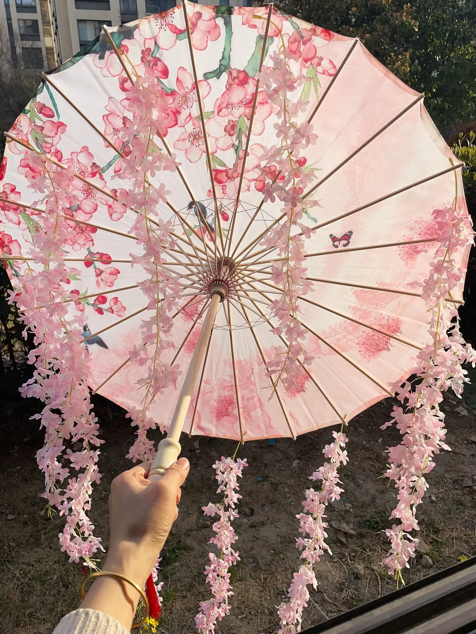 Purple Lavender Anime Umbrella With Fan Windproof For Beach Dance Cosplay OilPaper Umbrella Parasol Hanfu