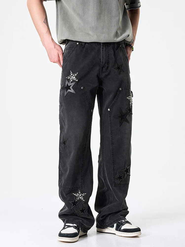 

Bla Armada 2025 Vintage American Waed Star Embroidery Leather Denim Pants Wide Leg Logging Sle Youth Casual Cotton Jeans