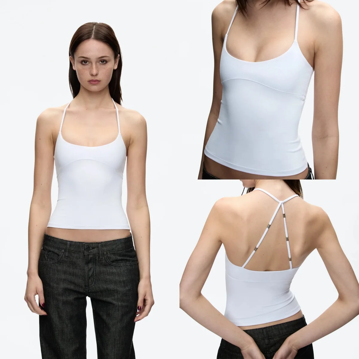 

Tank White Metal Accessory Halter Neck Tank Top, Halter Neck Women's Camisole, Multi-Color Inner and Outer Wear Tank Top, High Elasticity Slim Fit Backless Slimming Top, Versatile Design Halter Top for Work and Leisure