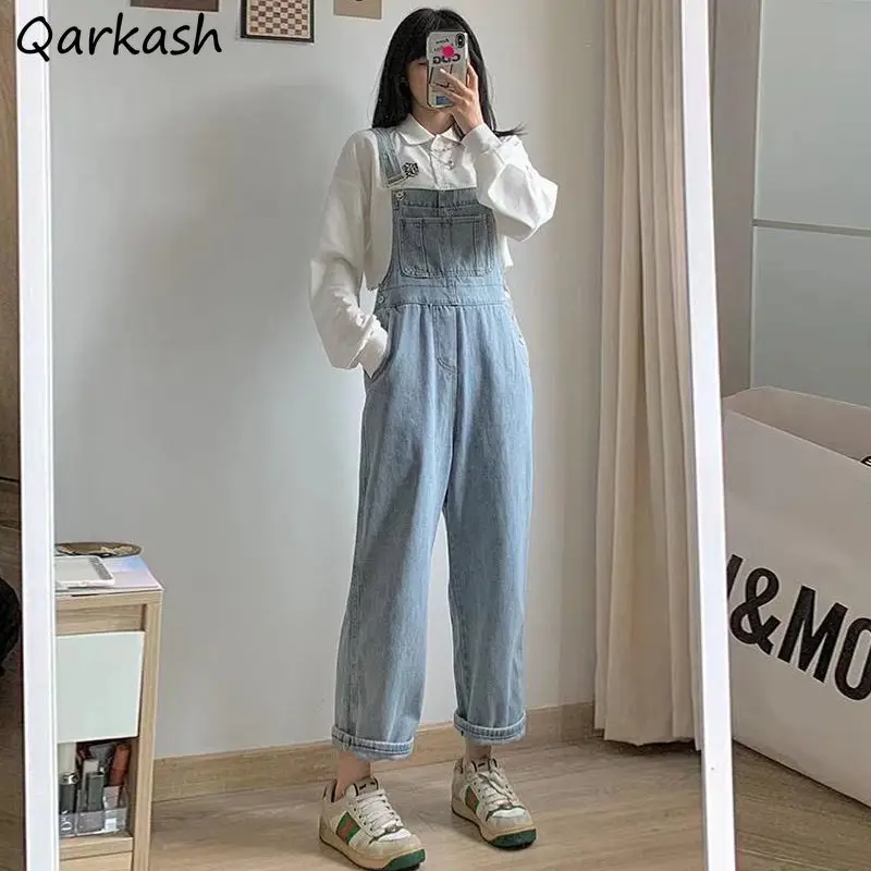 

Jumpsuits Women Sweet Baggy Solid Blue All-match Streetwear Fresh Straight Korean Style Denim Teens Chic Student Fashion Preppy