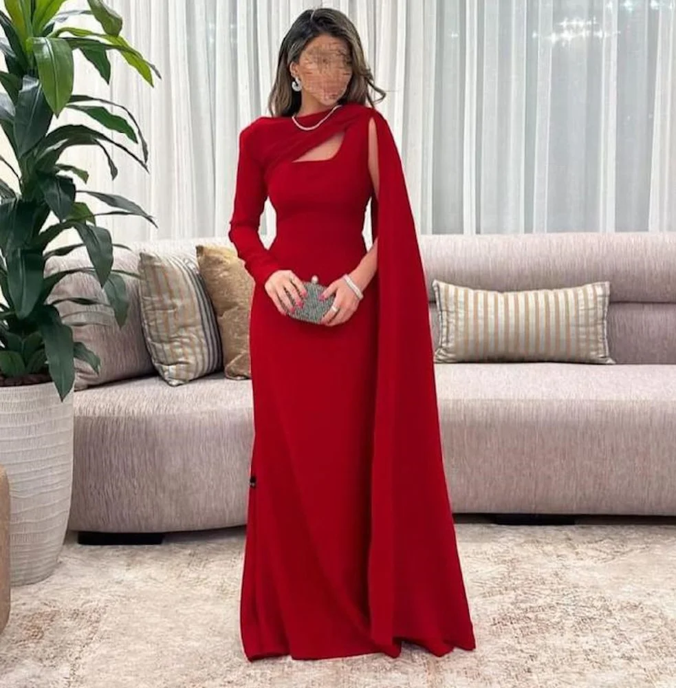 

Welove Red Cape Long Sleeve Saudi Elegant Women Prom Dresses For Special Occasion Floor-length Party Customized Evening Dress